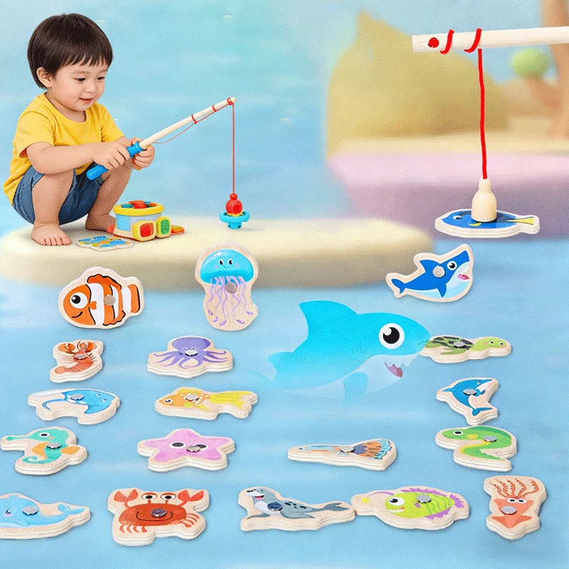 Wooden magnetic fishing game for kids aged 3 and up with 15 colourful fish and a magnetic fishing rod