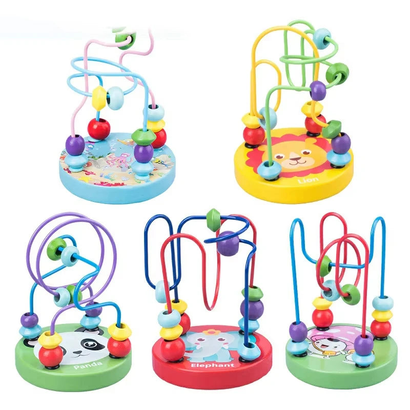 Wooden bead maze roller coaster toy with colourful beads on curved wires and a solid wooden base