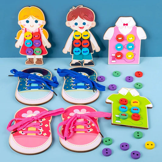 Learn to tie shoelaces practice board for kids aged 3 and up with laces threaded through the eyelets