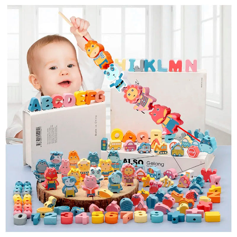 Montessori wooden lacing toy with colourful threading beads and a lace held in a child's hands